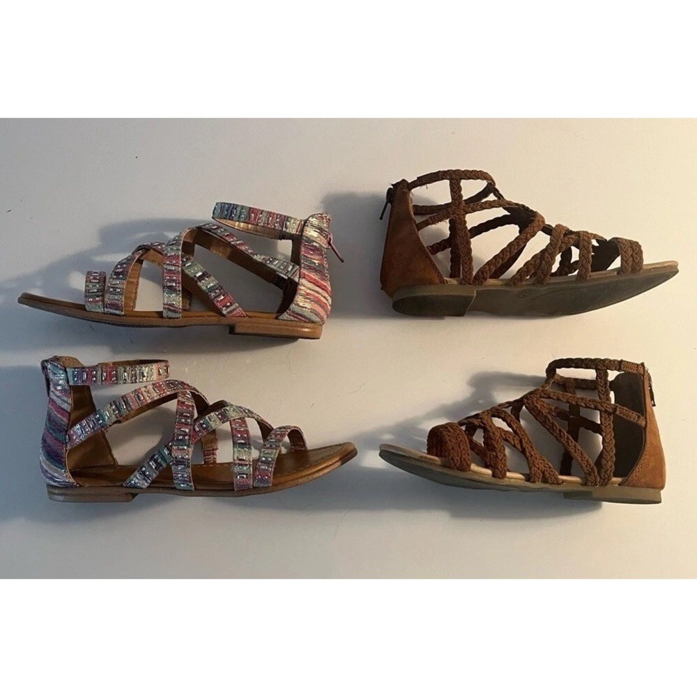 Set of 2 Pairs Girls Youth Size 2 Boho Strap Gladiator Sandals Shoes Footwear - Picture 9 of 16